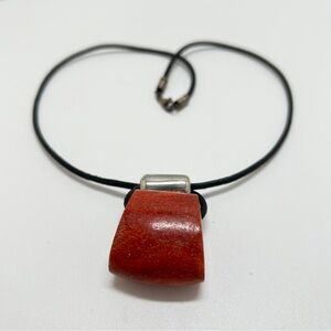 Vintage Artisan Short Necklace, Leather, Large Polished Cinnabar Focal Bead